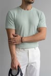 Erkek Mint Bisiklet Yaka Fitilli Örme Dik Çizgi Regular Kalıp Kısa Kol Tişört