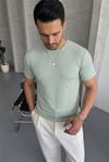 Erkek Mint Bisiklet Yaka Fitilli Örme Dik Çizgi Regular Kalıp Kısa Kol Tişört