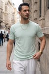 Erkek Mint Bisiklet Yaka Fitilli Örme Dik Çizgi Regular Kalıp Kısa Kol Tişört