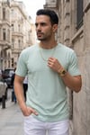 Erkek Mint Bisiklet Yaka Fitilli Örme Dik Çizgi Regular Kalıp Kısa Kol Tişört