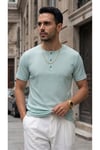Erkek Mint Henley Yaka Tişört Üç Düğmeli Patlı Fitilli Regular T-shirt