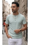 Erkek Mint Henley Yaka Tişört Üç Düğmeli Patlı Fitilli Regular T-shirt