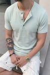 Erkek Mint Henley Yaka Tişört Üç Düğmeli Patlı Fitilli Regular T-shirt