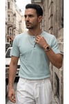 Erkek Mint Henley Yaka Tişört Üç Düğmeli Patlı Fitilli Regular T-shirt