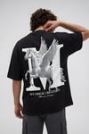 Erkek Mythical Pegasus Baskılı Siyah Bisiklet Yaka Oversize Salaş T-Shirt