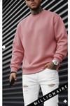 Erkek Pembe Basic 0 Sıfır Yaka Baskısız Düz Oversize Salaş Bol Kesim Polar Sweatshirt