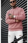 Erkek Pembe Basic 0 Sıfır Yaka Baskısız Düz Oversize Salaş Bol Kesim Polar Sweatshirt