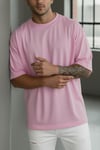 Erkek Pembe Basic Düz Baskısız Oversize Salas Boyfriend T-Shirt