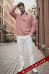 Erkek Pembe Yarım Fermuar Polo Yaka 3 İplik İçi Polarlı Şardonlu Oversize Sweatshirt