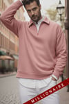 Erkek Pembe Yarım Fermuar Polo Yaka 3 İplik İçi Polarlı Şardonlu Oversize Sweatshirt