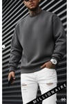Erkek Petrol Füme Basic 0 Sıfır Yaka Baskısız Düz Oversize Salaş Bol Kesim Polar Sweatshirt