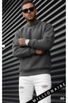 Erkek Petrol Füme Basic 0 Sıfır Yaka Baskısız Düz Oversize Salaş Bol Kesim Polar Sweatshirt