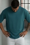Erkek Petrol Mavisi Bisiklet Yaka Düz Basic Baskısız Oversize Salas T-Shirt