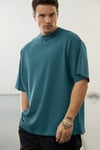 Erkek Petrol Mavisi Bisiklet Yaka Düz Basic Baskısız Oversize Salas T-Shirt
