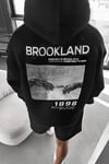 Erkek Siyah 1898 Baskılı Kapüşonlu Oversize 3 iplik Şardonlu Salaş Bol Kesim Hoodie Sweatshirt