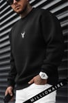 Erkek Siyah Baykuş Kalın Soft 3 İplik içi Şardonlu 0 Sıfır Yaka Oversize Salaş Sweatshirt