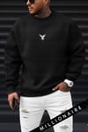 Erkek Siyah Baykuş Kalın Soft 3 İplik içi Şardonlu 0 Sıfır Yaka Oversize Salaş Sweatshirt
