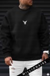 Erkek Siyah Baykuş Kalın Soft 3 İplik içi Şardonlu 0 Sıfır Yaka Oversize Salaş Sweatshirt
