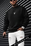 Erkek Siyah Baykuş Kalın Soft 3 İplik içi Şardonlu 0 Sıfır Yaka Oversize Salaş Sweatshirt