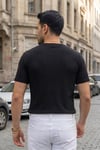Erkek Siyah Bisiklet Yaka Fitilli Örme Dik Çizgi Regular Kalıp Kısa Kol Tişört