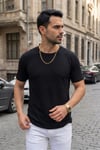 Erkek Siyah Bisiklet Yaka Fitilli Örme Dik Çizgi Regular Kalıp Kısa Kol Tişört