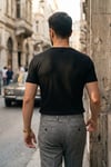 Erkek Siyah Bisiklet Yaka Örme Triko Dokulu Düz Kısa Kol Regular Kalıp Tişört