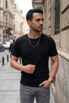 Erkek Siyah Bisiklet Yaka Örme Triko Dokulu Düz Kısa Kol Regular Kalıp Tişört