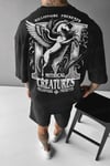 Erkek Siyah Creatures Oversize Fit Bol Geniş Kalıp Salaş Kesim T-shirt