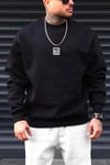 Erkek Siyah Free Life Baskılı Kalın Soft 3 İplik içi Şardonlu 0 Sıfır Yaka Oversize Salaş Sweatshirt