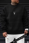 Erkek Siyah Geyik Baskılı Kalın Soft 3 İplik içi Şardonlu 0 Sıfır Yaka Oversize Salaş Sweatshirt