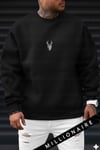 Erkek Siyah Geyik Baskılı Kalın Soft 3 İplik içi Şardonlu 0 Sıfır Yaka Oversize Salaş Sweatshirt