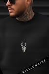 Erkek Siyah Geyik Baskılı Kalın Soft 3 İplik içi Şardonlu 0 Sıfır Yaka Oversize Salaş Sweatshirt