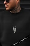 Erkek Siyah Geyik Baskılı Kalın Soft 3 İplik içi Şardonlu 0 Sıfır Yaka Oversize Salaş Sweatshirt