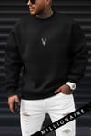 Erkek Siyah Geyik Baskılı Kalın Soft 3 İplik içi Şardonlu 0 Sıfır Yaka Oversize Salaş Sweatshirt