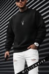 Erkek Siyah Geyik Baskılı Kalın Soft 3 İplik içi Şardonlu 0 Sıfır Yaka Oversize Salaş Sweatshirt