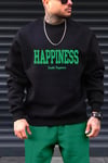 Erkek Siyah Happiness Baskılı 0 Sıfır Yaka Oversize Salaş Bol Kesim Polar Sweatshirt