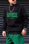 Erkek Siyah Happiness Baskılı 0 Sıfır Yaka Oversize Salaş Bol Kesim Polar Sweatshirt