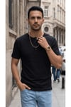 Erkek Siyah Henley Yaka Tişört Üç Düğmeli Patlı Fitilli Regular T-shirt