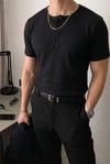 Erkek Siyah Henley Yaka Tişört Üç Düğmeli Patlı Fitilli Regular T-shirt