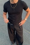 Erkek Siyah Henley Yaka Tişört Üç Düğmeli Patlı Fitilli Regular T-shirt