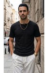 Erkek Siyah Henley Yaka Tişört Üç Düğmeli Patlı Fitilli Regular T-shirt
