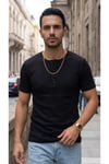 Erkek Siyah Henley Yaka Tişört Üç Düğmeli Patlı Fitilli Regular T-shirt