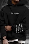 Erkek Siyah Los Angeles Baskılı Kapüşonlu 3 Üç İplik Polar Kanguru Cepli Oversize Sweatshirt Hoodie