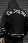 Erkek Siyah Los Angeles Baskılı Kapüşonlu 3 Üç İplik Polar Kanguru Cepli Oversize Sweatshirt Hoodie