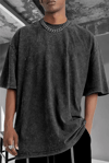 Erkek Siyah Oversize Asit Yıkamalı Eskitme Efektli Boyalı T-Shirt