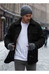 Erkek Siyah Peluş Gömlek Yaka Modeli Düğmeli Ceket Hırka Mont Sweatshirt Polar