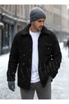 Erkek Siyah Peluş Gömlek Yaka Modeli Düğmeli Ceket Hırka Mont Sweatshirt Polar