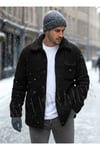 Erkek Siyah Peluş Gömlek Yaka Modeli Düğmeli Ceket Hırka Mont Sweatshirt Polar