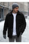 Erkek Siyah Peluş Gömlek Yaka Modeli Düğmeli Ceket Hırka Mont Sweatshirt Polar