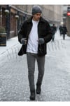 Erkek Siyah Peluş Gömlek Yaka Modeli Düğmeli Ceket Hırka Mont Sweatshirt Polar